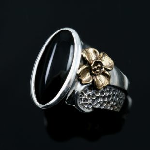 "PIONA" 2 Tone Gothic Sterling Silver Ring With Onyx LR-169