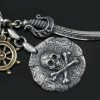 Pirate Skull & Bones Medallion with Sword & Ship Wheel Silver Pendant AT-188