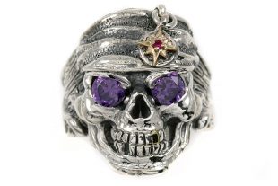 Pirate Skull Color CZ Eyed Silver Ring MR-004L