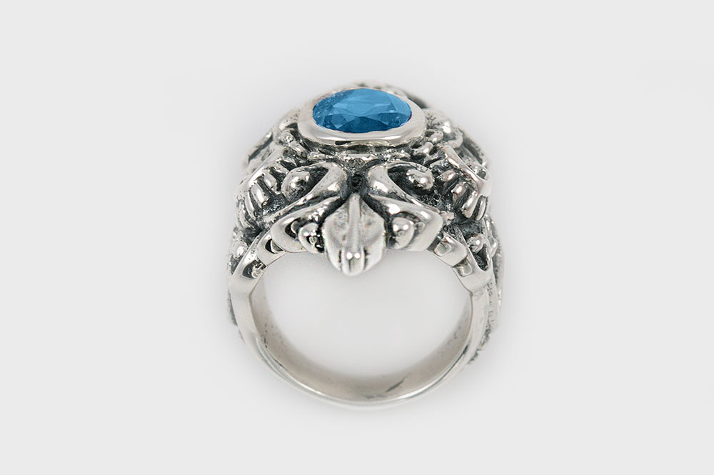 Queen Blue Topaz Baroque Long Oxidized Silver Ring LR-075T