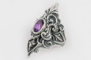 Queen Purple Amethyst Baroque Long Oxidized Silver Ring LR-075A