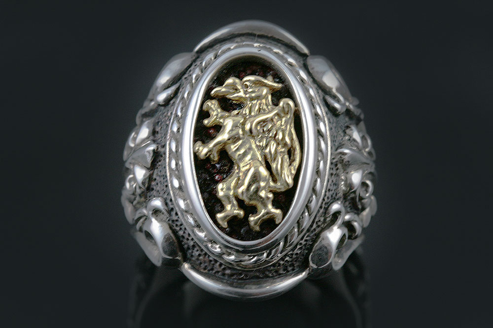Rampant Griffin Baroque Style Silver and 18K Gold Two Tone Ring UR-071
