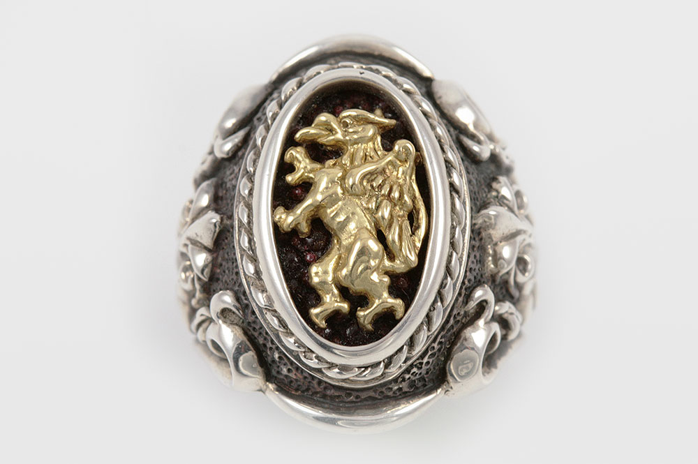 Rampant Griffin Baroque Style Silver and 18K Gold Two Tone Ring UR-071