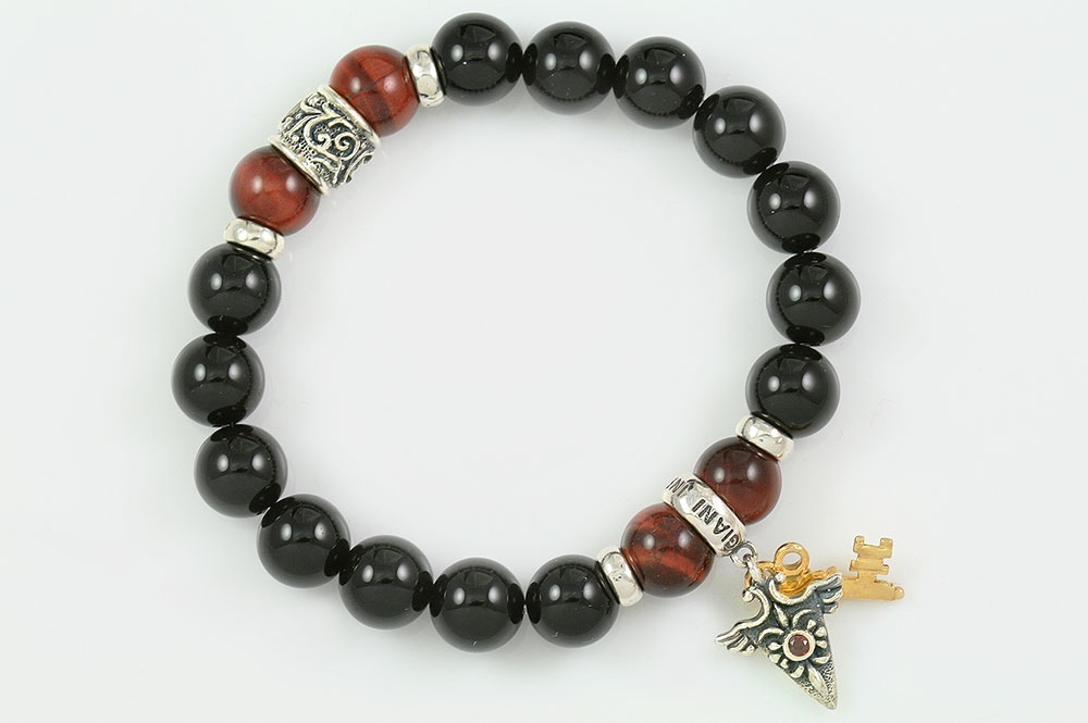 Right Direction 10mm Black Onyx and Red Tiger Eye Beaded Silver Bracelet BB-066