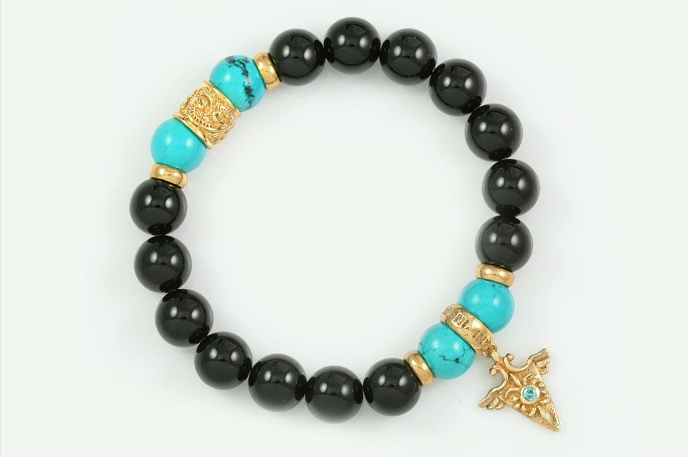 Right Direction 10mm Black Onyx and Turquoise Beaded 18k Gold Plated Silver Bracelet BB-067