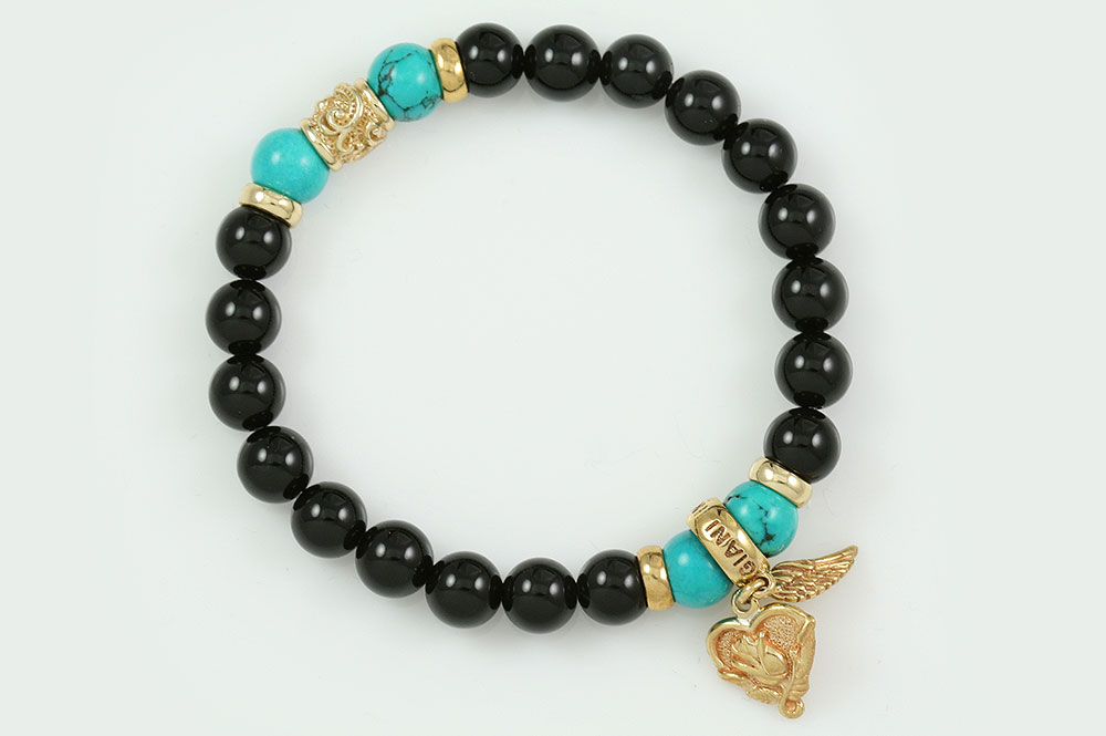 Rose Heart and Wing 8mm Black Onyx and Turquoise Beaded Silver Bracelet BB-070
