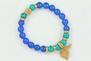 Rose Heart and Wing 8mm Blue Agate and Turquoise Beaded Silver Bracelet BB-071