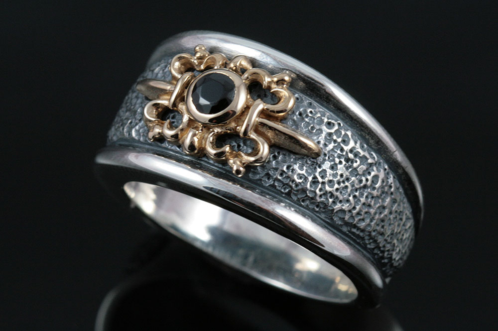 Spartan Bronze & Onyx Band or 18K Gold & Black Diamond Sterling Silver Ring MR-047