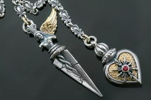 Sympathy Heart and Angel Dagger Silver Necklace NK-139