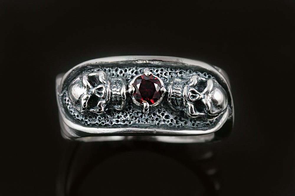 Two Skulls Red CZ Sterling Silver Ring MR-018