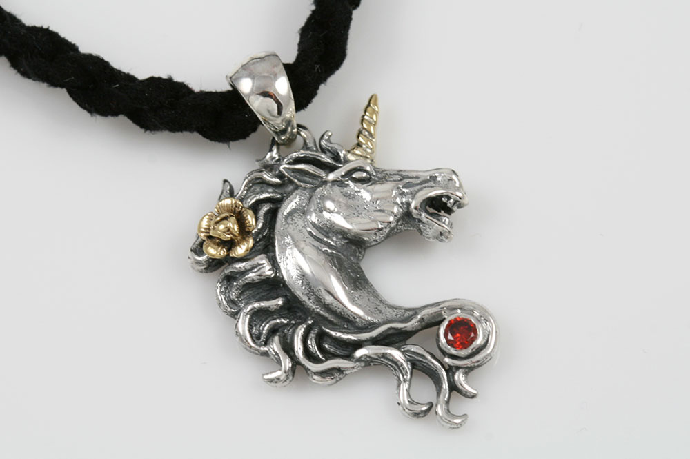 Unicorn Red Garnet Two Tone Silver Pendant PT-078
