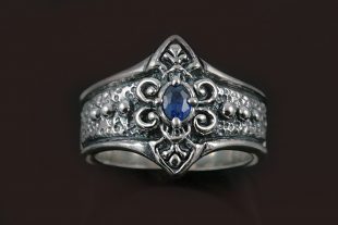 Victoria Blue Sapphire Baroque Style Oxidized Silver Ring LR-079