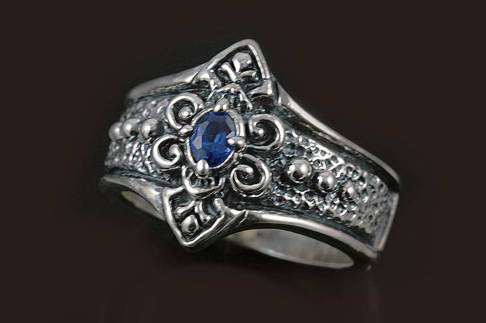 Victoria Blue Sapphire Baroque Style Oxidized Silver Ring LR-079