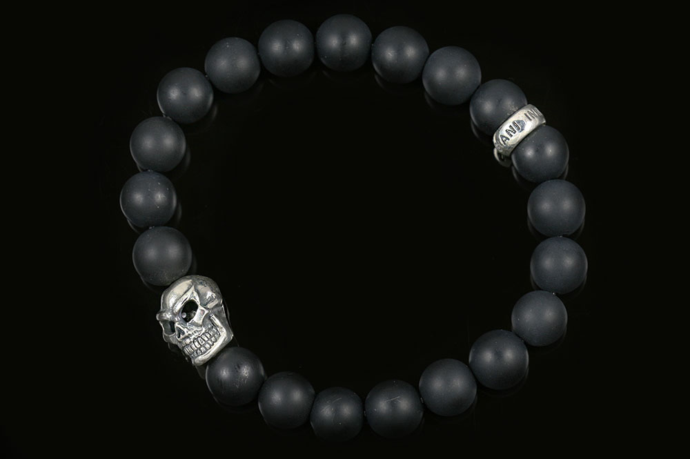 Silver Warrior Skull Matte Black Onyx Beaded Bracelet BB-056